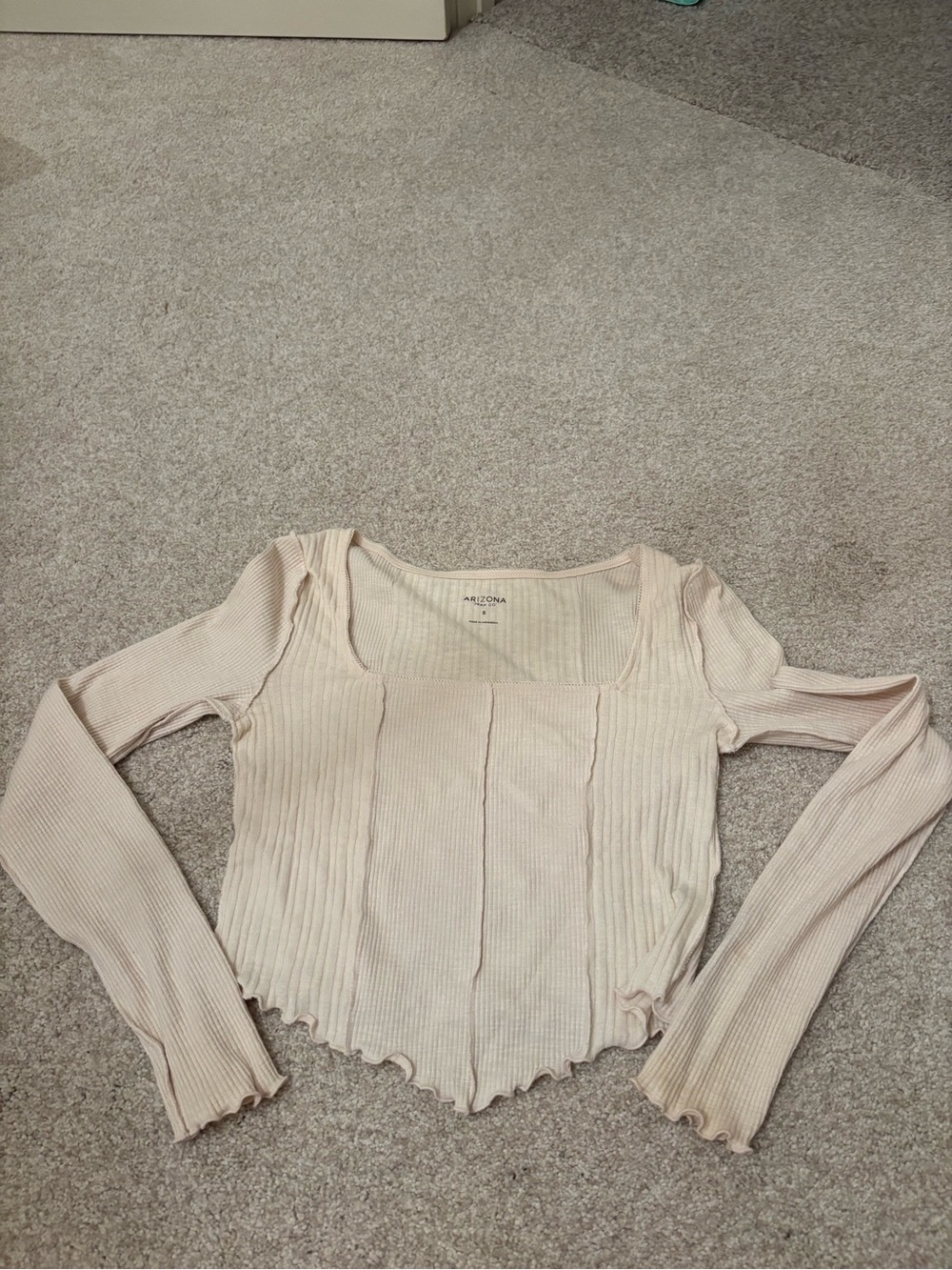 Arizona Jean Company Pale Pink Ribbed Square-Neck Long Sleeve Top